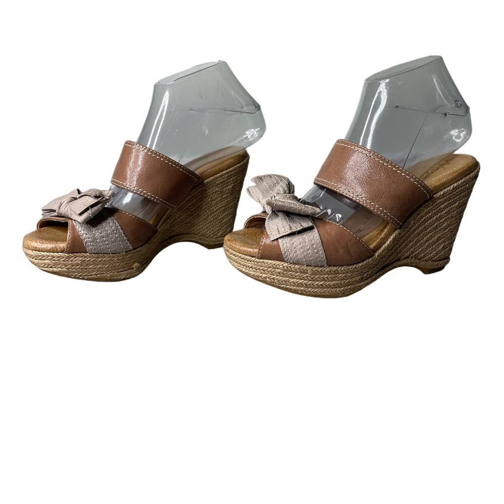 Naya Colette Bow Espadrille Wedge Sandal Slide Double‎ Strap Leather Brown 6.5 W